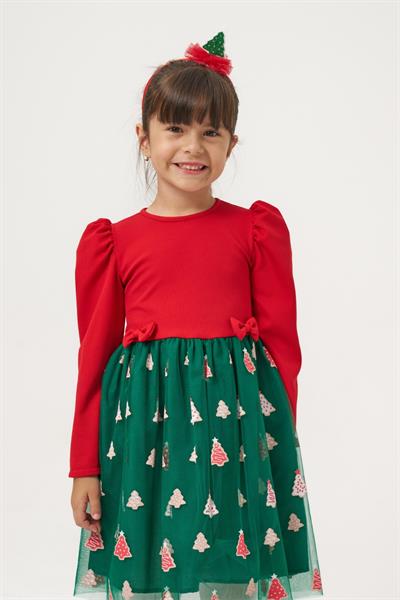 Kız Çocuk Pamuklu Kırmızı Üst ve Yeşil Ağaç Desenli Tüllü Elbise - Yılbaşı Özel Koleksiyonu