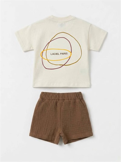 Unisex Bebek Pamuklu Ekru Logo Baskılı Tişört Şort Takım
