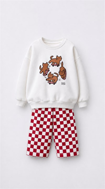 Kız Çocuk Kedi Baskılı Ekru Sweatshirt ve Kırmızı Dama Desenli Eşofman Takımı