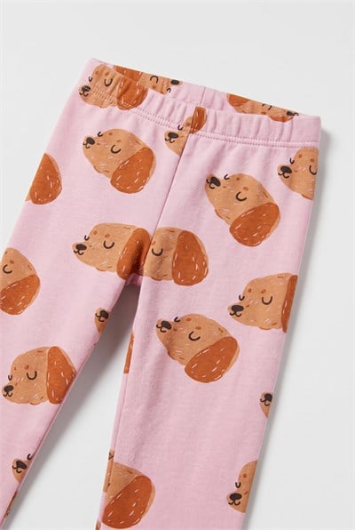 Kız Çocuk Pamuklu Köpek Desenli Pembe Sweatshirt ve Tayt Takımı