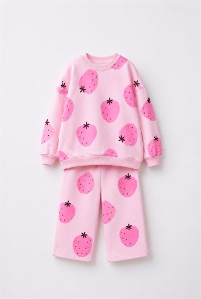 Kız Çocuk Çilek Desenli Pembe Sweatshirt ve Eşofman Takımı