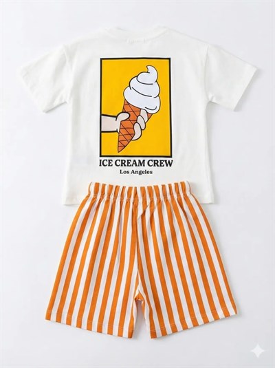Unisex Çocuk Pamuklu Beyaz Dondurma Baskılı T-Shirt ve Çizgili Şort Takım - Yazlık