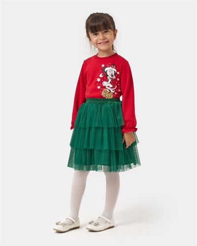 Kız Çocuk Pamuklu Yeni Yıl Temalı Baskılı Etekli Takım - Sweatshirt Katlı Tül Etek