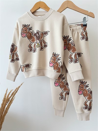 Çocuk Desenli Bej Sweatshirt ve Eşofman Altı Takımı