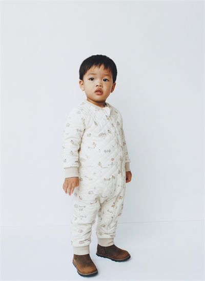 Unisex Çocuk Pamuklu Ekru Çift Fermuarlı Hayvancık Desenli Uyku Tulum