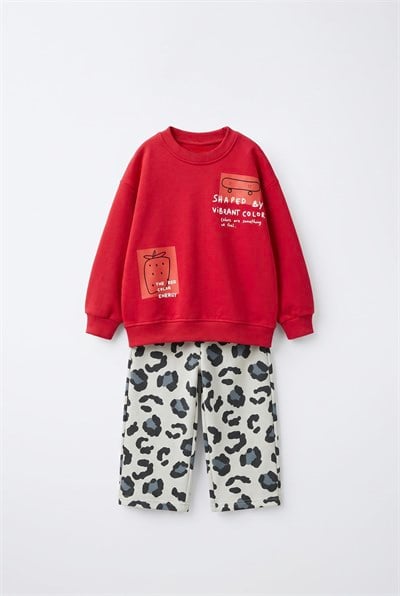 Çocuk Baskılı Kırmızı Sweatshirt ve Eşofman Takımı