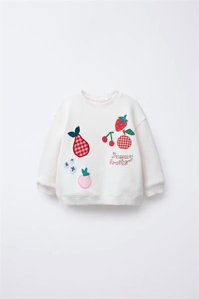 Kız Çocuk Pamuklu Ekru Yummy Fruits Sweatshirt ve Pembe Fiyonklu Pantolon Takım - Alt Üst Takım