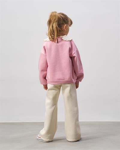 Kız Çocuk Pamuklu Pembe Paris Baskılı Dantel Yaka Sweatshirt Ekru Pantolon Takım