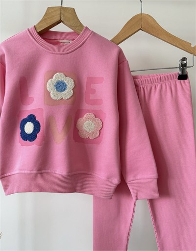 Kız Çocuk Çiçek Aplikeli Pembe Sweatshirt ve Tayt Takımı