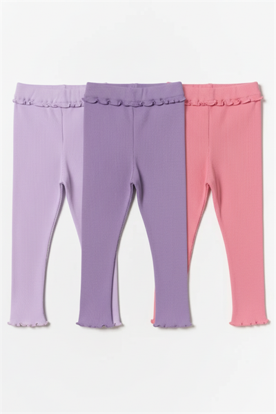 Kız Çocuk Pamuklu 3lü Lila Mor Pembe Fırfır Detaylı Ribana Tayt Seti – Esnek Rahat Kalıp