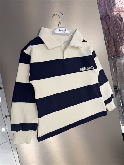 Çocuk Pamuklu Lacivert Ekru Çizgili Polo Yaka Sweatshirt