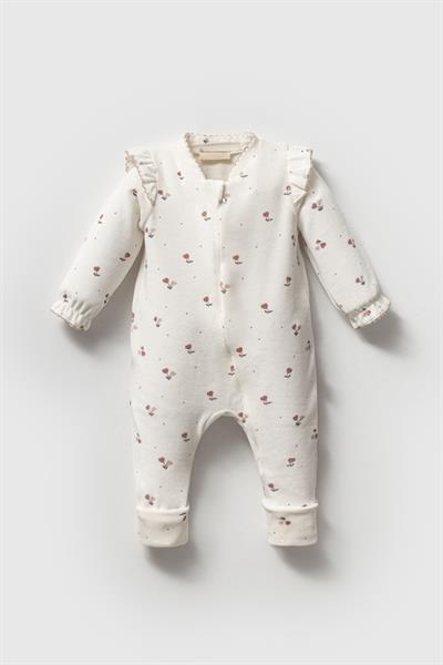 Kız Bebek Organik Pamuklu Ekru Çiçek Desenli Fırfır Kollu Tulum - Rahat ve Şirin