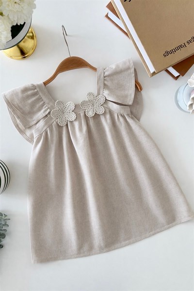 Kız Çocuk Pamuklu Gri Çiçek Detaylı Elbise