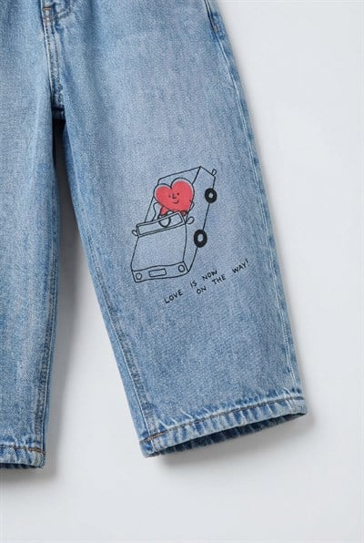 Çocuk Pamuklu Açık Mavi Baskılı Jean Pantolon - Lastikli Bel