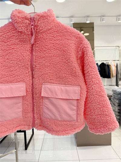 Kız Çocuk Pembe Peluş Fermuarlı Cepli Mont