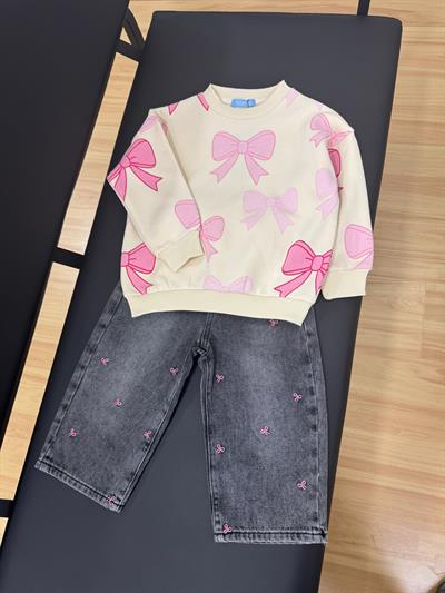 Kız Çocuk Pamuklu Krem Pembe Fiyonk Desenli Sweatshirt ve Gri Nakışlı Jean Takım - Günlük Şık Kombin