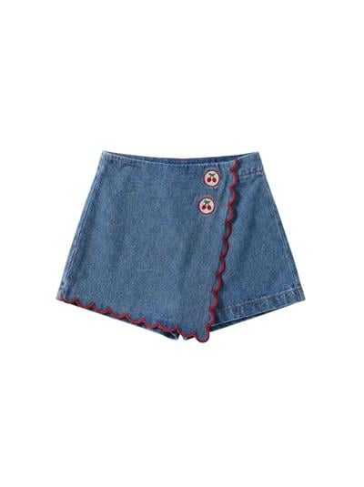 Kız Çocuk Pamuklu Mavi Kiraz Düğmeli Denim Şort Etek
