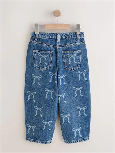 Kız Çocuk Mavi Denim Fiyonk Desenli Pantolon
