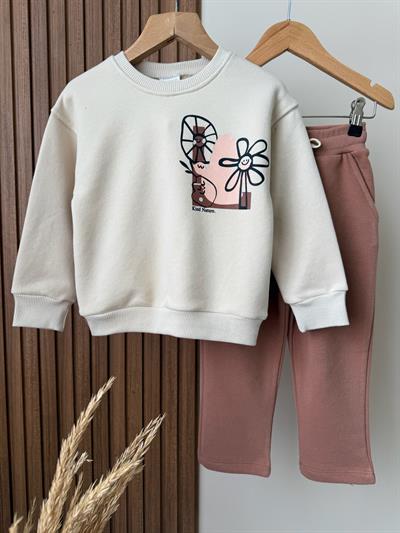 Kız Çocuk Pamuklu Ekru Baskılı Sweatshirt ve Gül Kurusu Eşofman Takım - Rahat Kalıp