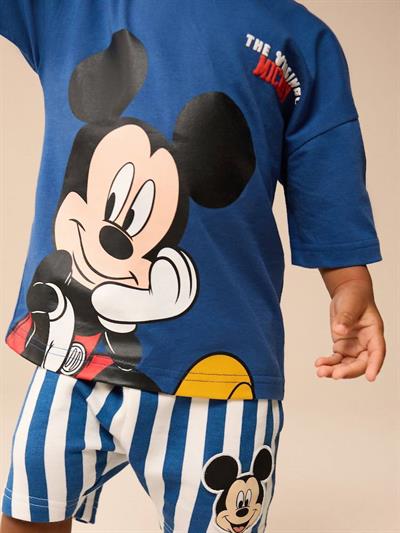 Erkek Bebek Mickey Mouse Baskılı Mavi Tişört ve Çizgili Şort Takım