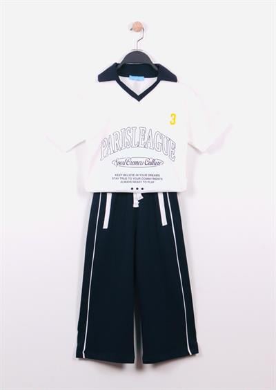 Sloganlı Polo Yaka T-shirt Geniş Eşofman Alt-Üst Takım Kız Çocuk