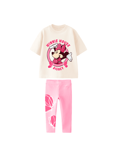 Kız Çocuk Pamuklu Ekru Minnie Temalı Takım - Parlak Fiyonklu T-shirt ve Kelebek Desenli Tayt