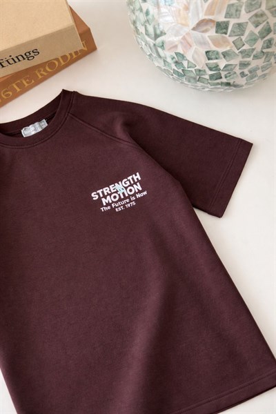 Erkek Çocuk Pamuklu Kahverengi Slogan Baskılı Tişört Şort Takım