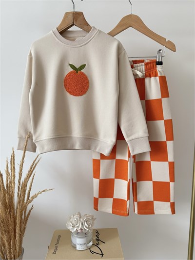 Çocuk Portakal Nakışlı Ekru Sweatshirt ve Turuncu Dama Eşofman Takımı