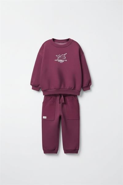 Unisex Çocuk Pamuklu Mürdüm Köpek Baskılı Eşofman Takımı - Rahat Kesim, Cepli Alt