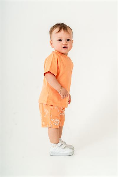 Erkek Çocuk Pamuklu Turuncu Tropik Desenli T-shirt ve Şort Takım