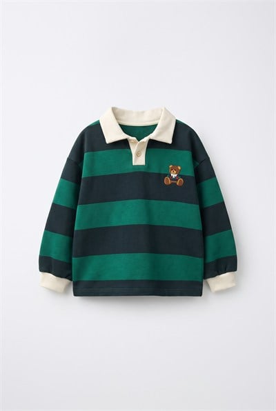 Çocuk Pamuklu Ayıcık Nakışlı Yeşil Lacivert Çizgili Polo Yaka Sweatshirt