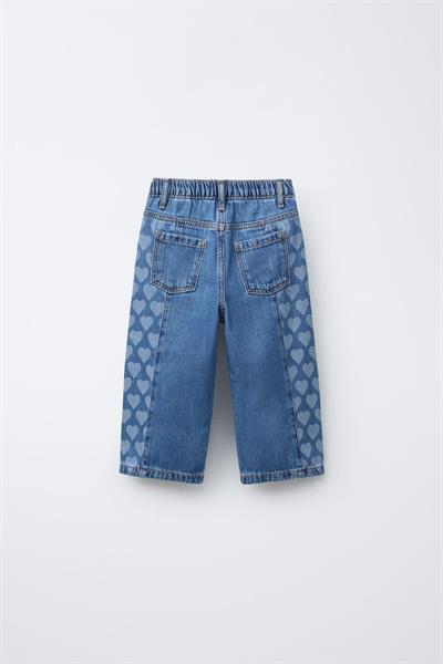 Kız Çocuk Mavi Kalp Desenli Denim Pantolon