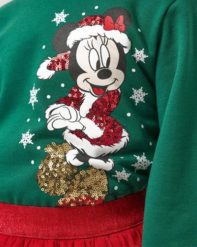 Kız Çocuk Pamuklu Yeşil Kırmızı Yeni Yıl Temalı Baskılı Etekli Takım - Sweatshirt Katlı Tül Etek