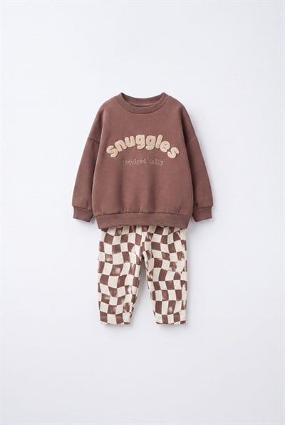 Çocuk Kahverengi Sweatshirt ve Dama Desenli Pantolon Takımı