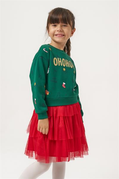 Kız Çocuk Pamuklu Yeşil Sweatshirt ve Kırmızı Tül Etek Takım - Yılbaşı Konseptli