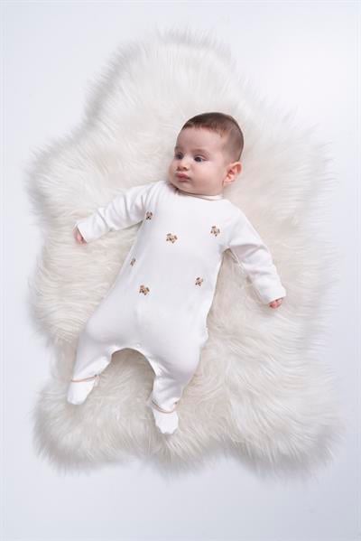 Unisex Bebek Pamuklu Ekru Nakışlı Tulum - Uzun Kollu Çıtçıtlı