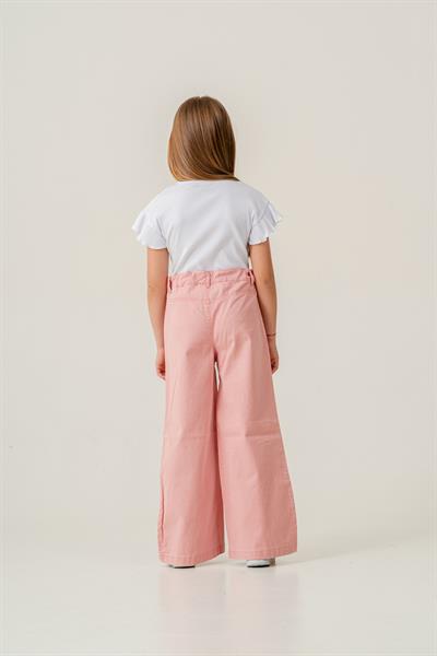 Kız Çocuk Pamuklu Beyaz Nakış Detaylı T-shirt ve Pembe Pantolon Takımı - Çiçek İşlemeli Şık Kombin