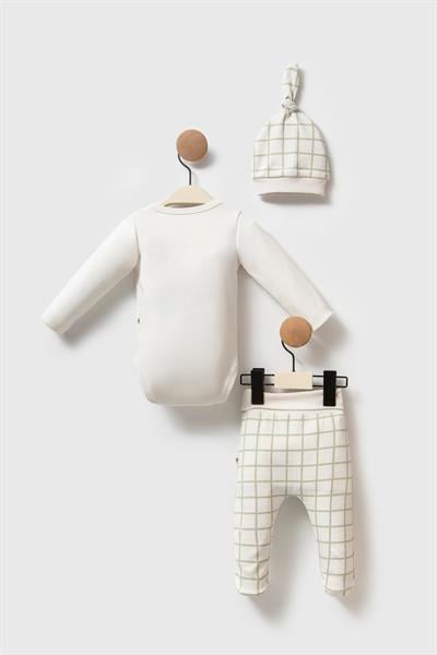 Unisex Bebek Pamuklu Ekru Yeşil Ekose Desenli 3lü Set - Kruvaze Body, Patikli Pantolon ve Şapka