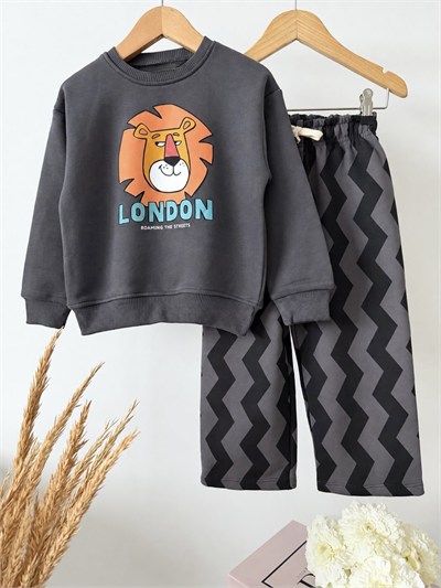 Erkek Çocuk Pamuklu Aslan Baskılı Antrasit Sweatshirt ve Eşofman Takımı