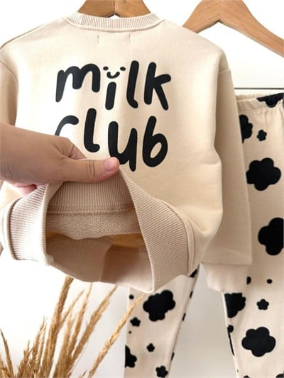 Kız Çocuk Pamuklu Milk Club Baskılı Ekru Sweatshirt ve Desenli Tayt Takımı