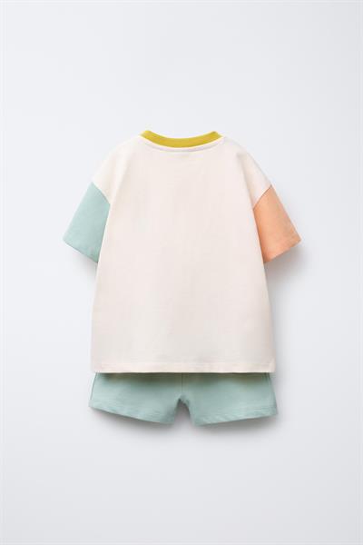 Çocuk Pamuklu Ekru Renk Bloklu T-Shirt ve Mint Şort Takım