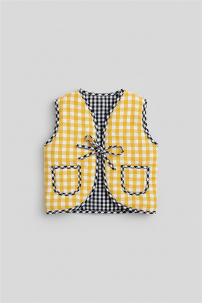 Unisex Çocuk Pamuklu Sarı Ekose Cool Cats Club Yelek - Kalpli Gözlüklü Kedi Aplikeli