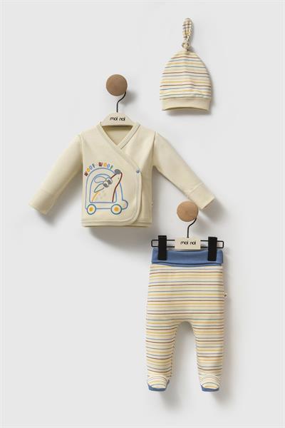 Erkek Bebek Pamuklu Krem Çizgili Köpek Baskılı 3lü Set - Zıbın, Patikli Pantolon ve Şapka
