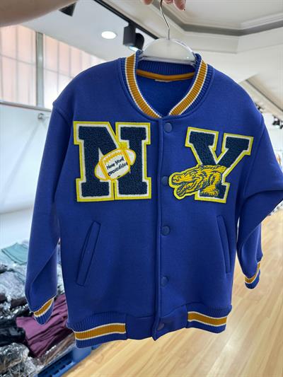 Unisex Çocuk Pamuklu Lacivert Kolej Ceket - Harf ve Ejderha Aplikeli Bomber Mont