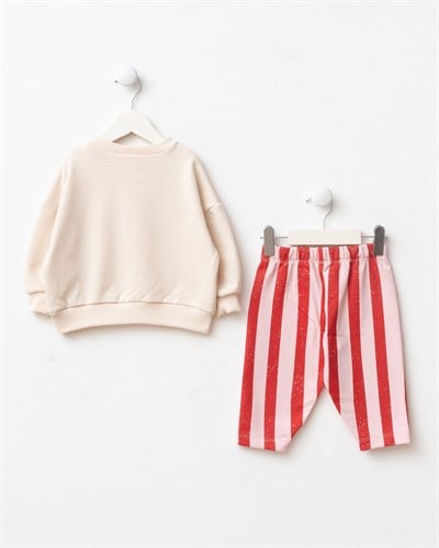 Kız Çocuk Pamuklu Kiraz Baskılı Sweatshirt ve Çizgili Eşofman Takımı