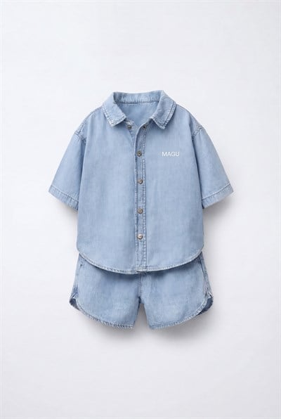 Erkek Çocuk Oversize Denim Mavi Gömlek Şort Takım - Yazlık İkili Takım