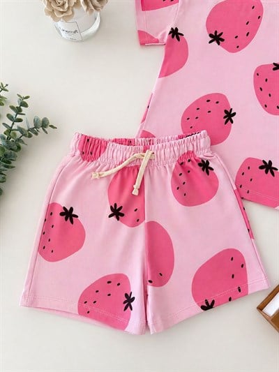 Kız Çocuk Pamuklu Pembe Çilek Desenli T-shirt Şort Takım