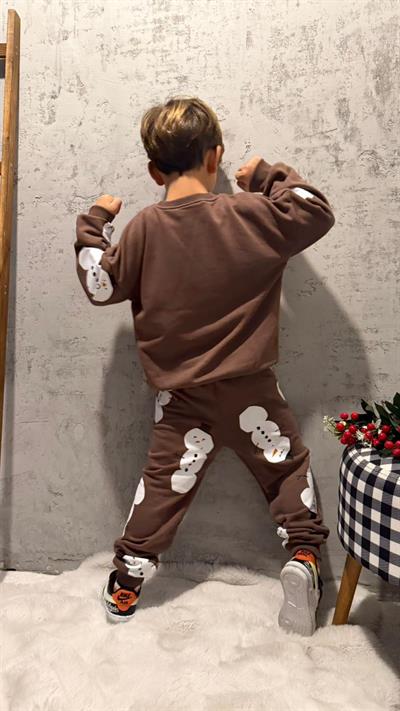 Erkek Çocuk Pamuklu Kahverengi Kardan Adam Desenli Sweatshirt & Eşofman Altı Takım