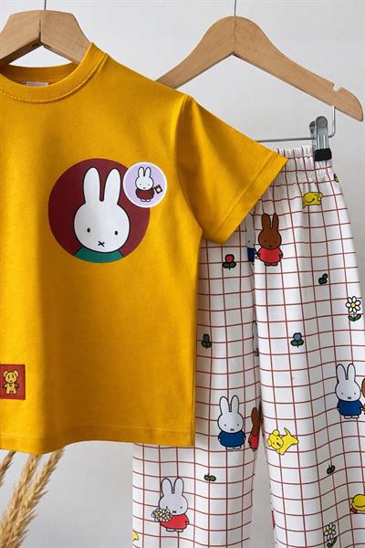 Kız Çocuk Pamuklu Hardal Tavşan Baskılı T-Shirt ve Ekose Eşofman Takım
