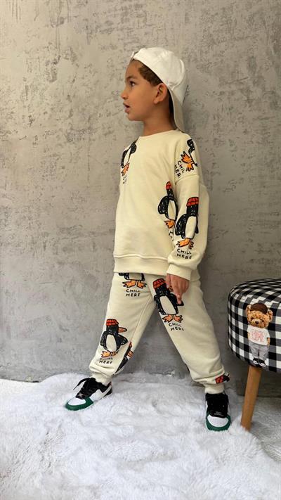 Unisex Çocuk Pamuklu Ekru Penguen Desenli Sweatshirt ve Eşofman Takım